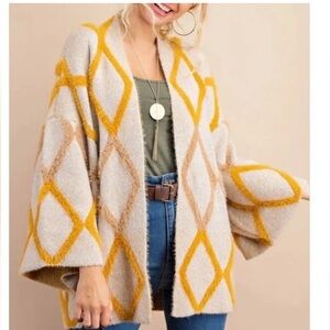 Kori America Cardigan Womens M/L Yellow Diamond Weave Plush Soft NEW $45